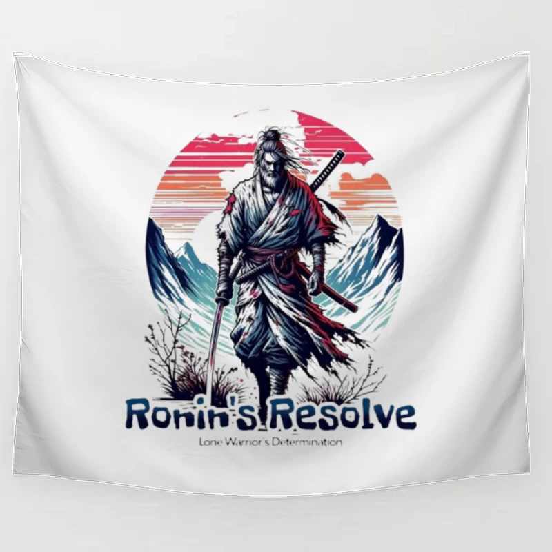 Lone Ronin's Resolve Against Mountain Sunset Tapestry