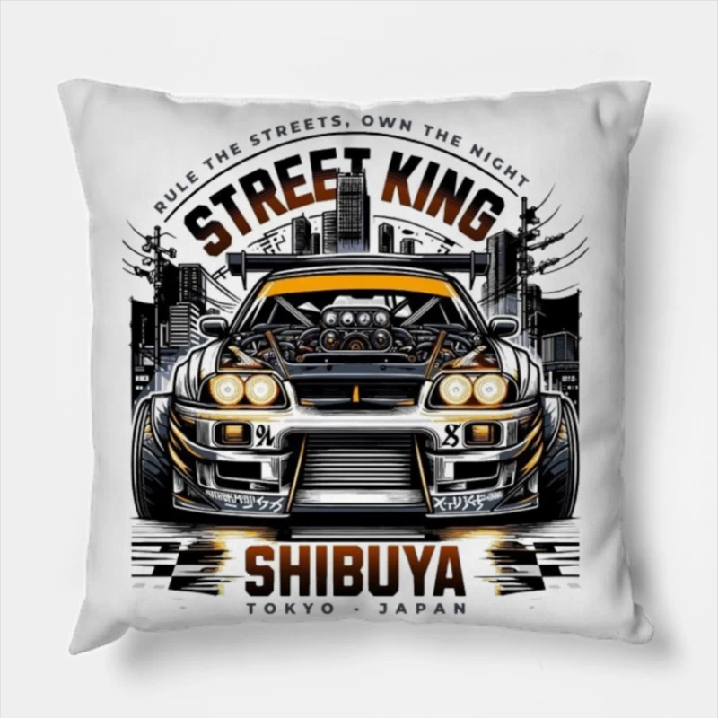 Street King: Modified Toyota Supra in Shibuya Night Scene Throw Pillow