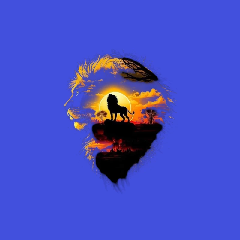 Majestic Lion Silhouette with Sunset Landscape Tapestry