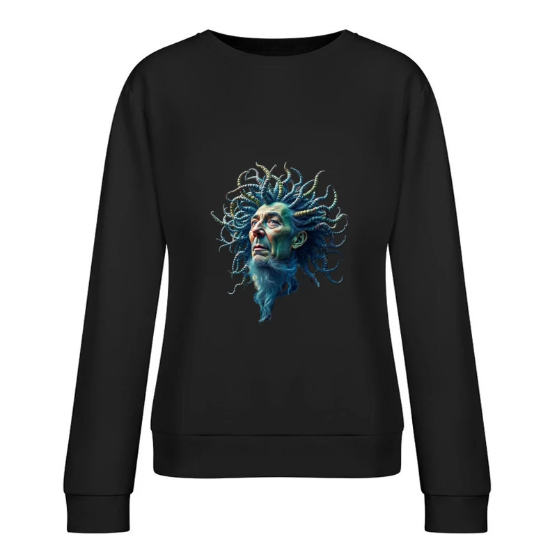 Surreal Medusa-Inspired Portrait with Blue Tentacles Female Pullover Sweatshirt