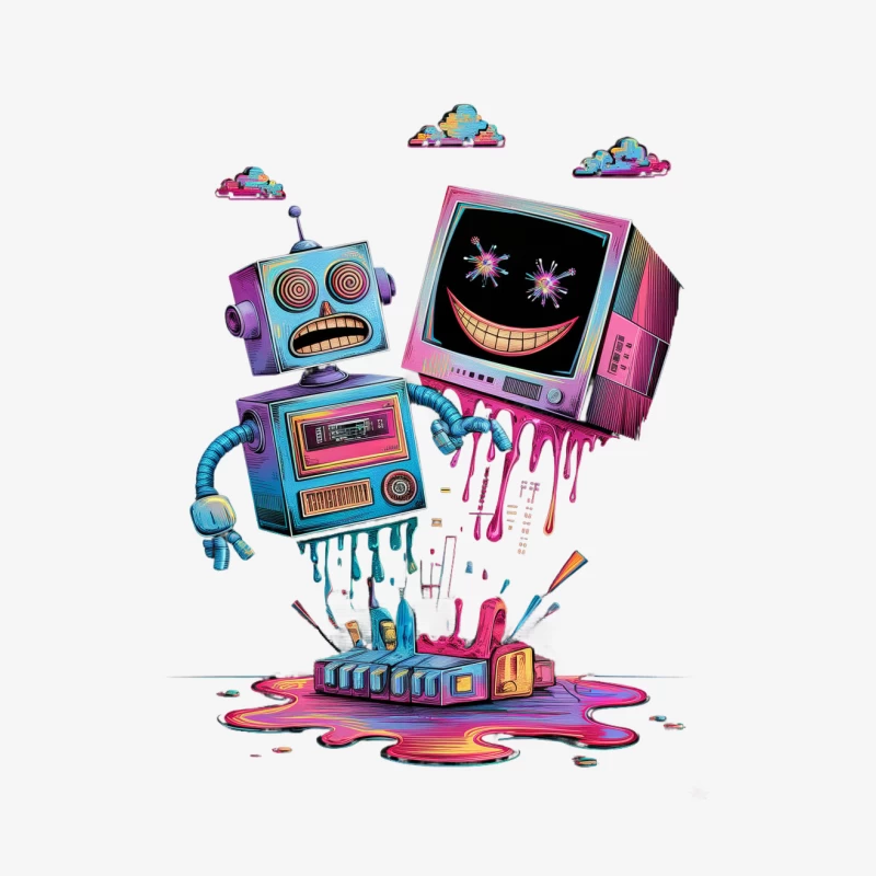 Psychedelic Robot and TV in Colorful Dripping Paint Surreal Digital Art Male Pullover Sweatshirt