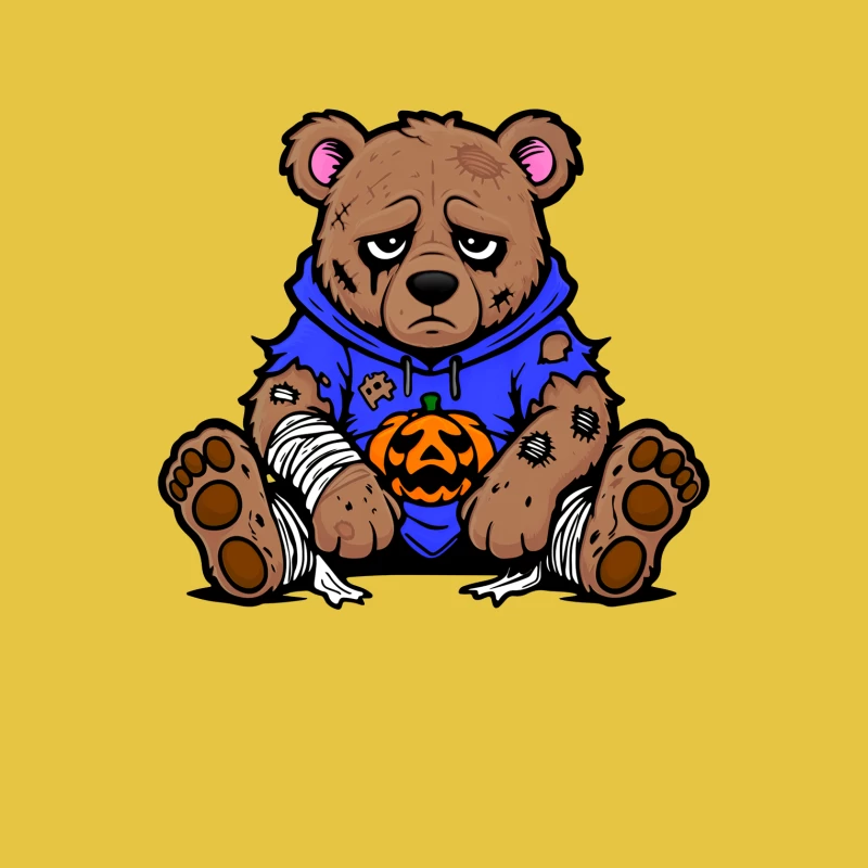 Sad Injured Teddy Bear in Blue Hoodie with Halloween Pumpkin