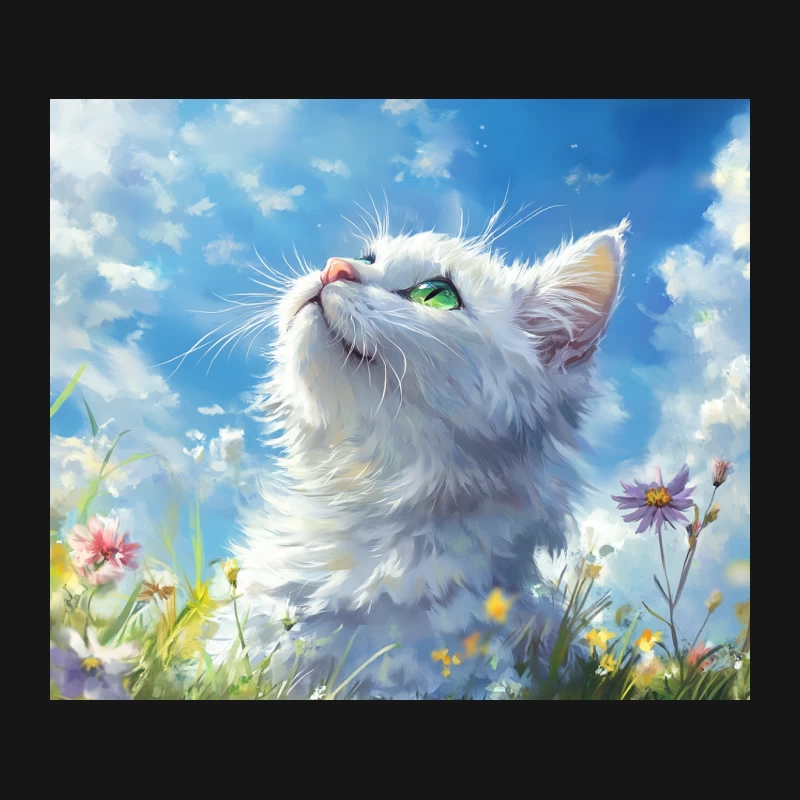 Dreamy White Cat in Floral Meadow Under Blue Sky Mouse Pad