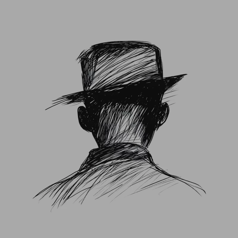 Noir-Style Sketch: Man in Hat from Behind Male Pullover Hoodie