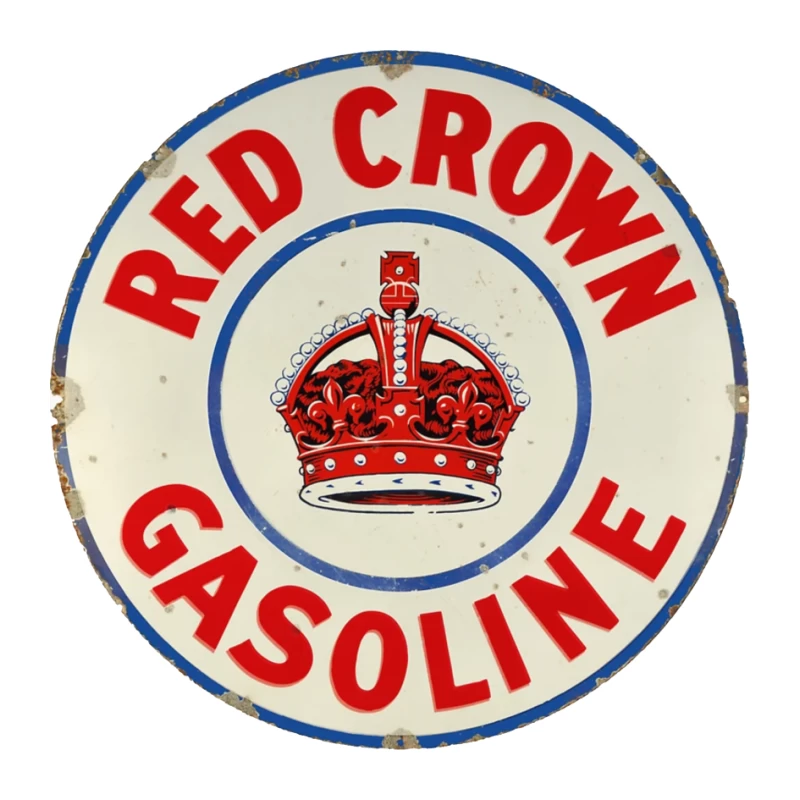 Vintage Red Crown Gasoline Round Metal Sign with Royal Crown Logo Pin