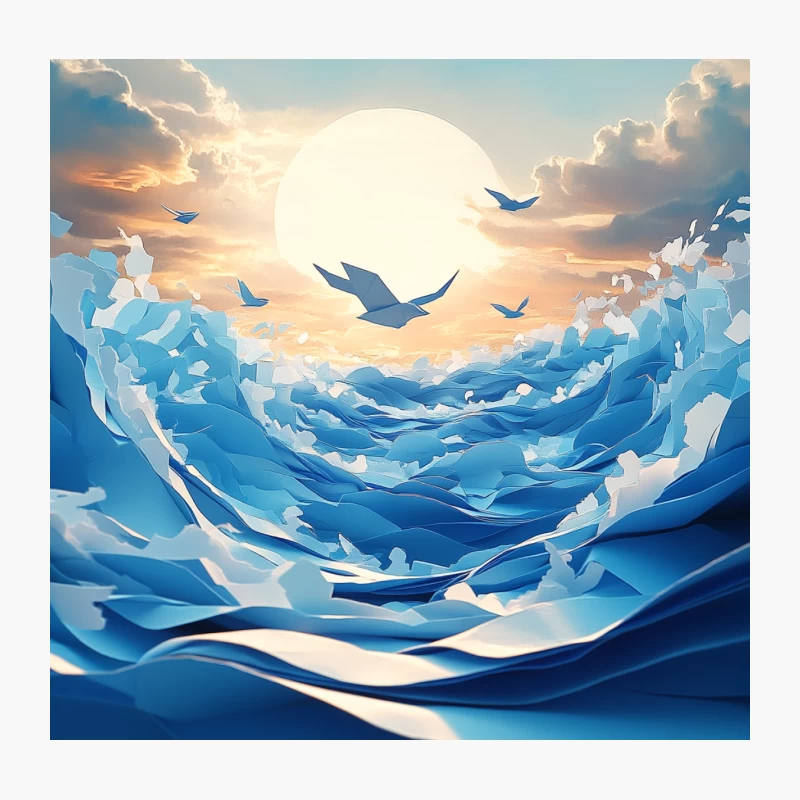 Surreal Paper Ocean Sunset with Flying Birds Throw Pillow