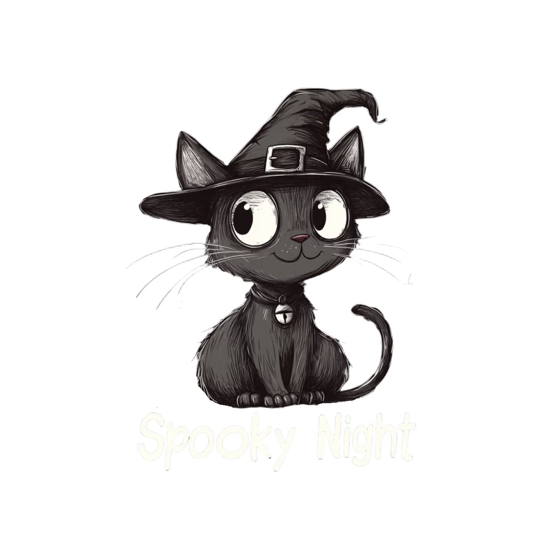Cute Black Cat in Witch Hat: Spooky Halloween Illustration Tapestry