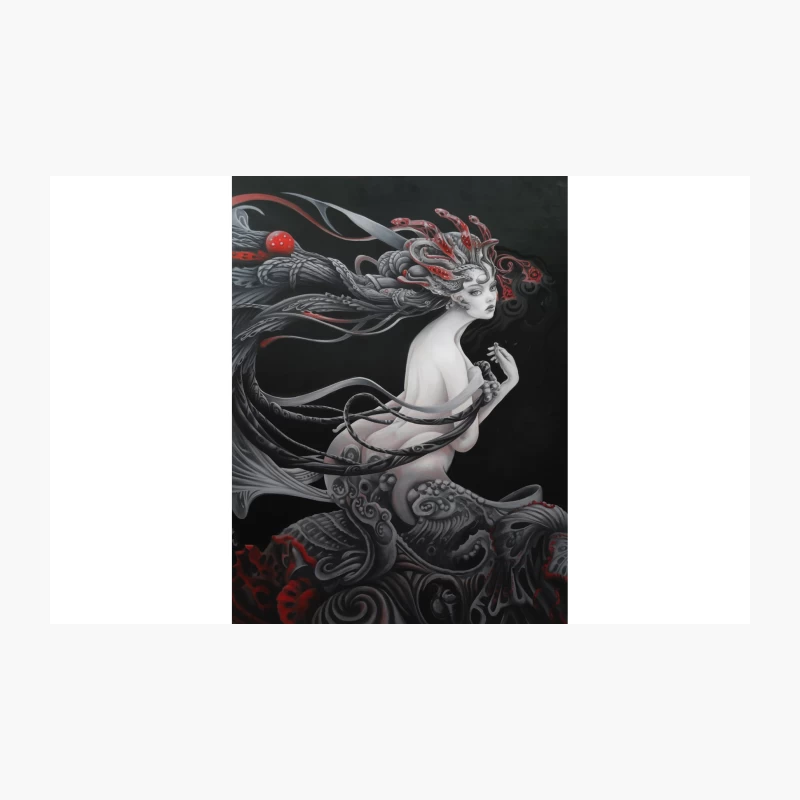 Surreal Monochrome Fantasy: Tentacled Mythical Being with Red Accents Travel Mug