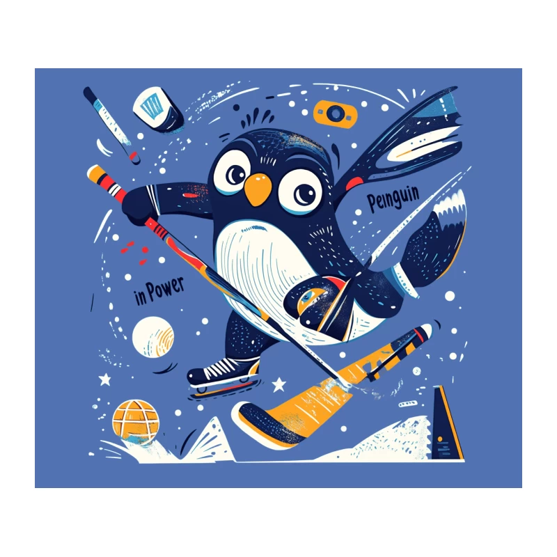 Cute Cartoon Penguin Playing Ice Hockey Tapestry