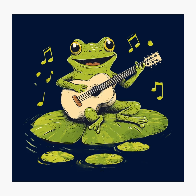 Musical Frog: Cartoon Amphibian Playing Guitar on Lily Pad Throw Pillow