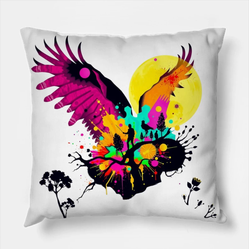 Vibrant Abstract Eagle Silhouette Under Moonlight Throw Pillow