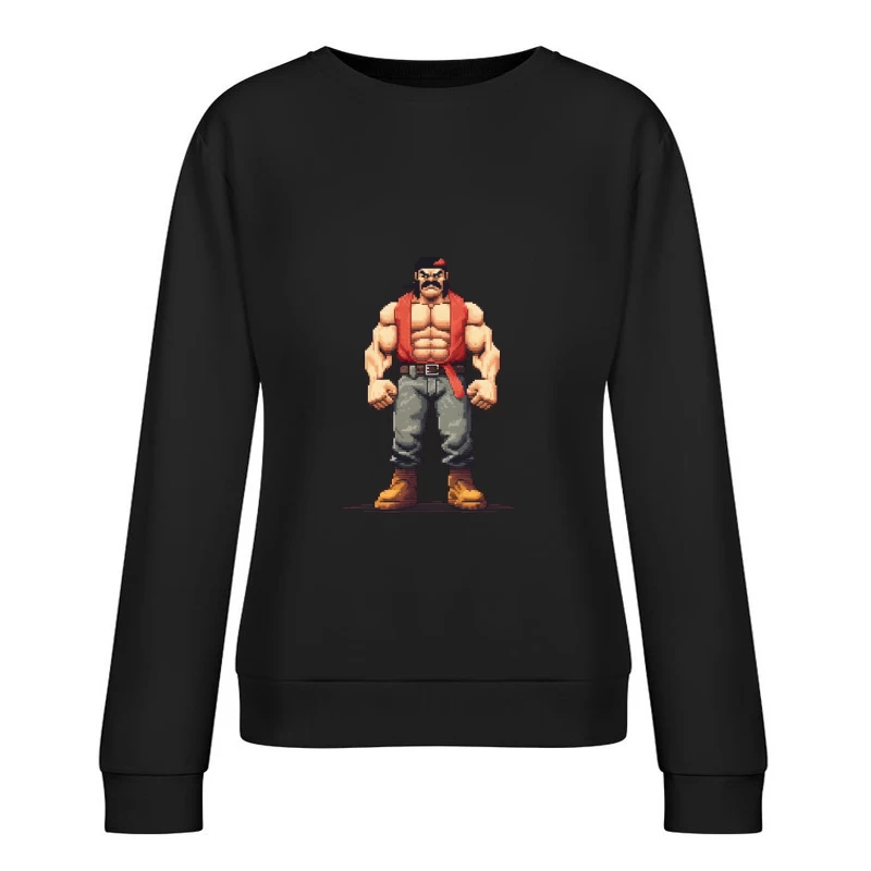 Retro Pixel Art Muscular Fighter in Red Vest Female Pullover Sweatshirt