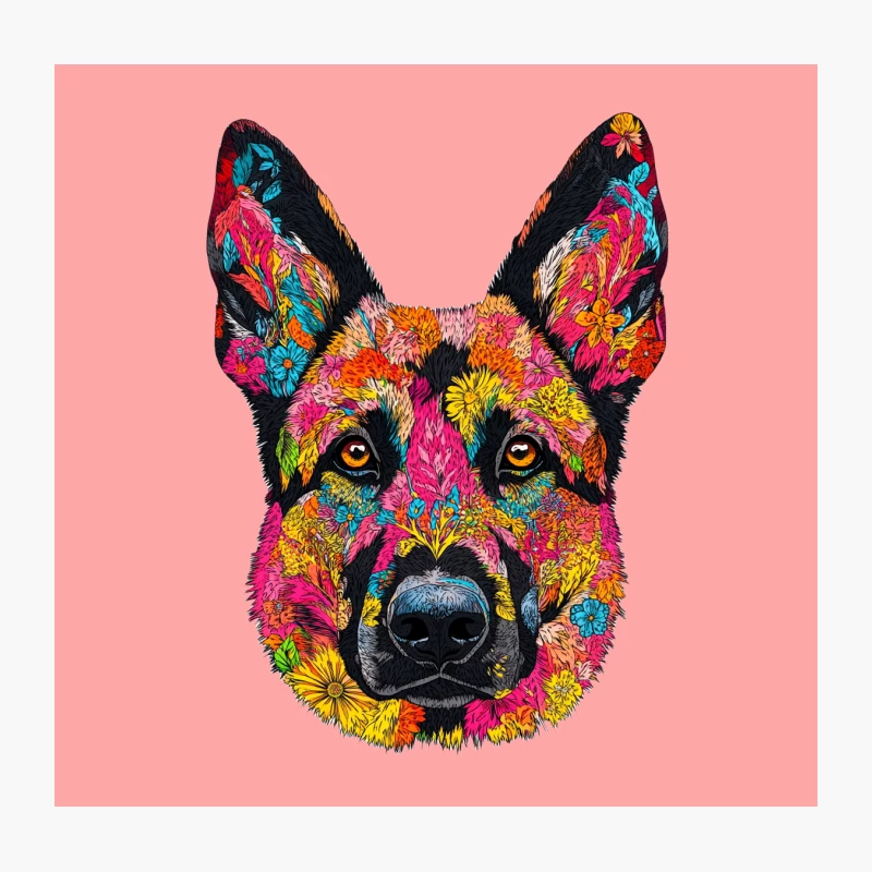 Psychedelic Floral German Shepherd Portrait Throw Pillow