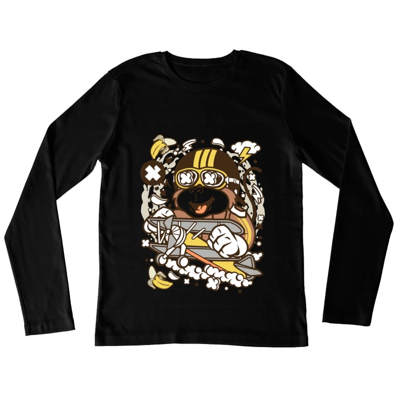 Singe Pilote avec Avion et Bananes Femme Manches Longues T-Shirt