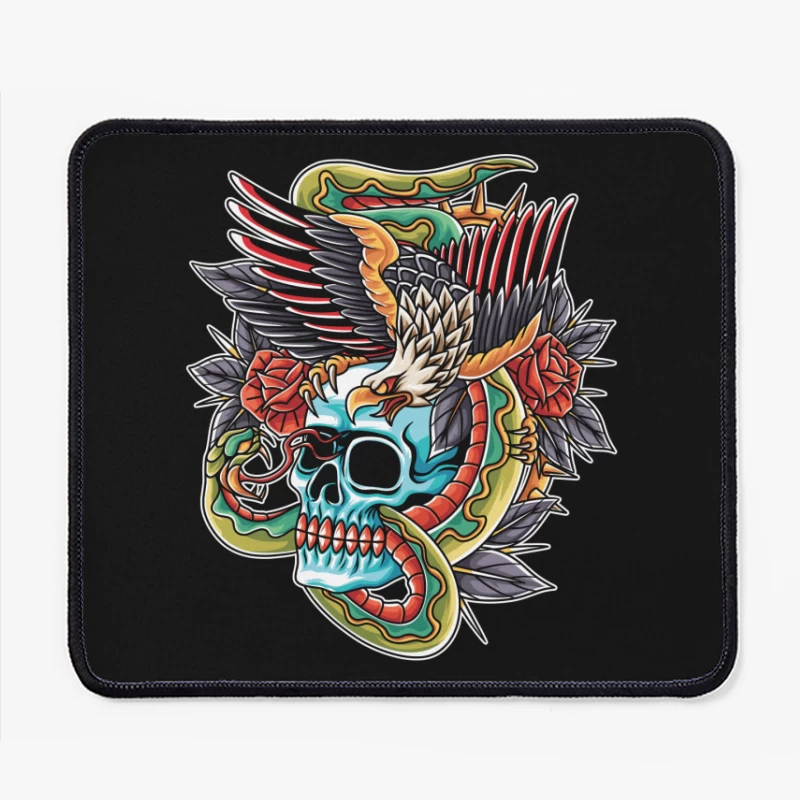 Colorful Tattoo Design Featuring a Skull, Eagle, and Snake Mouse Pad