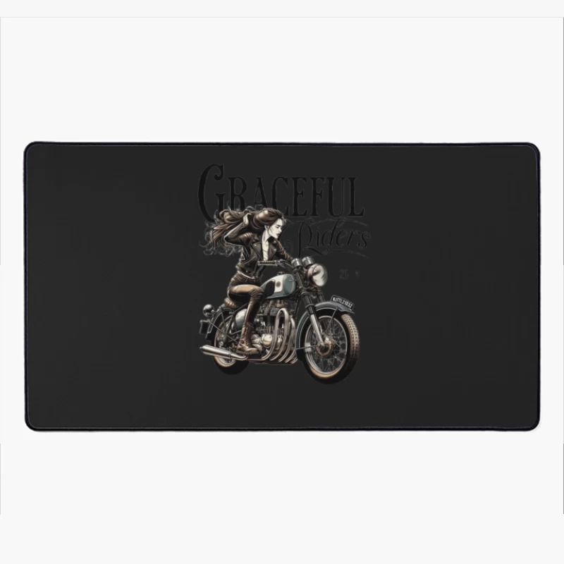 Graceful Riders: Vintage Motorcycle Art with Female Motorcyclist Desk Mat