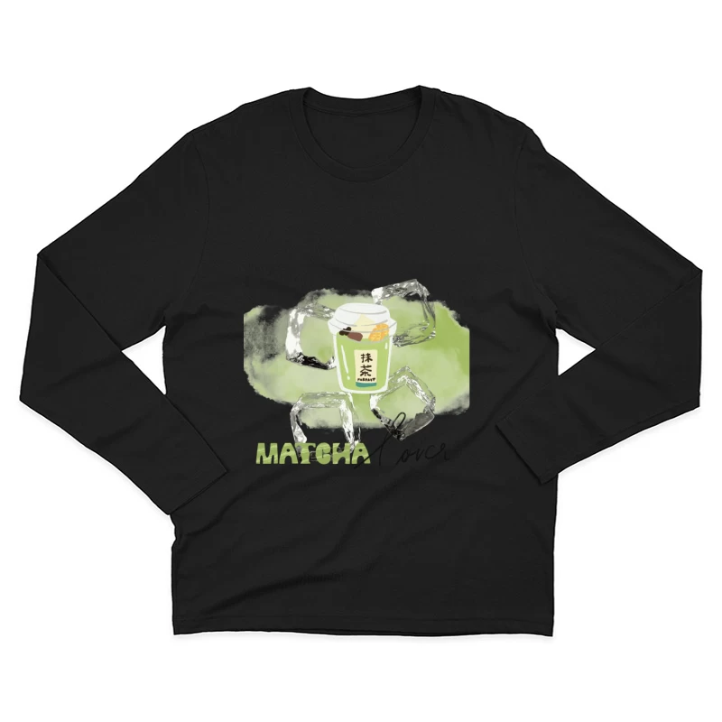 Cute Matcha Latte Cartoon in Glass Cup Male Long Sleeve T-Shirt