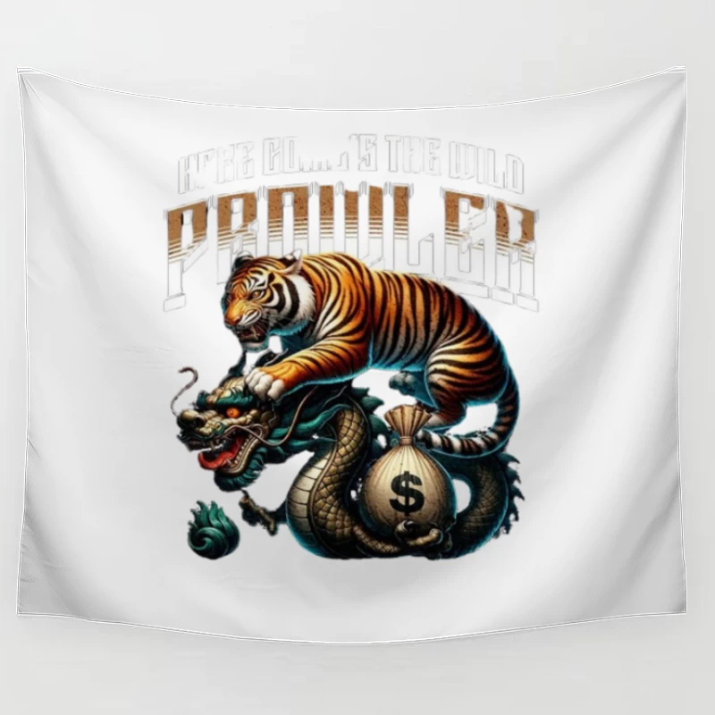 Tiger and Dragon Fighting Over Money: Symbolic Power Artwork Tapestry