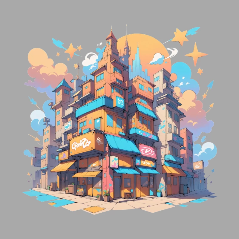 Colorful Urban Cityscape in Cartoon Style Male Pullover Hoodie