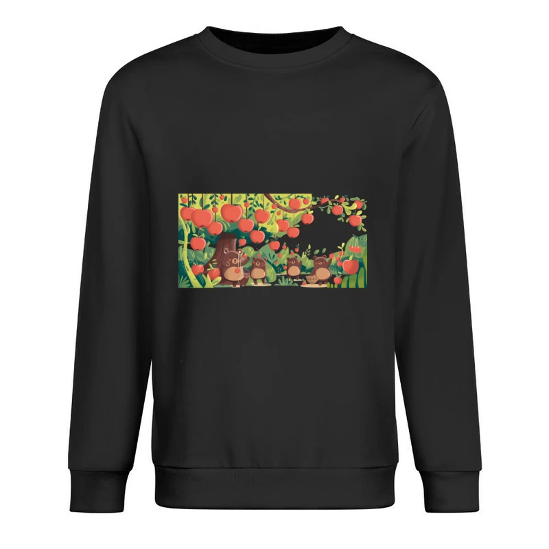 Cute Cartoon Bears Harvesting Apples in Whimsical Orchard Male Pullover Sweatshirt