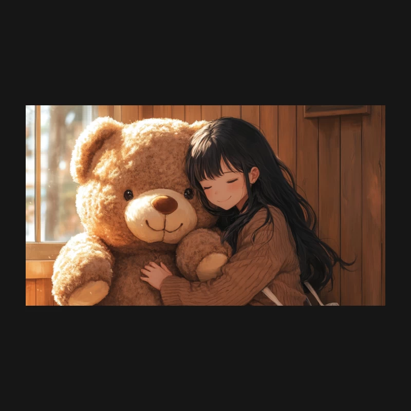 Cozy Embrace: Anime Girl Hugging Teddy Bear by Sunlit Window Desk Mat