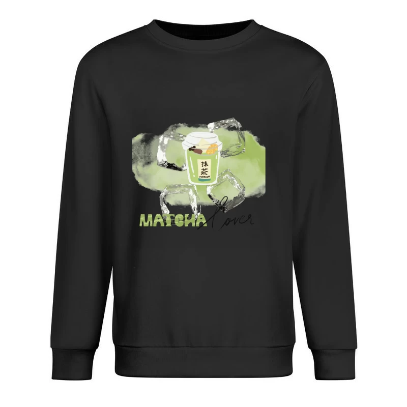 Cute Matcha Latte Cartoon in Glass Cup Male Pullover Sweatshirt