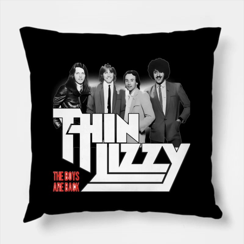 Thin Lizzy "The Boys Are Back" Album Cover - Classic Rock Band Portrait in Black and White Throw Pillow