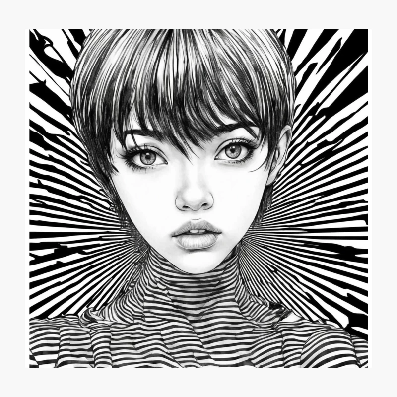 Striking Black and White Manga-Style Portrait with Hypnotic Striped Pattern Throw Pillow