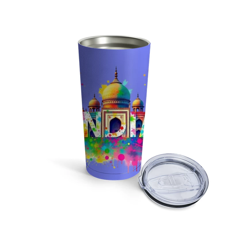 Vibrant Watercolor India Typography with Taj Mahal Silhouette Travel Mug