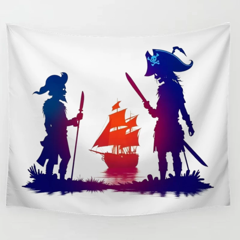 Pirates and Ship Silhouettes at Sunset Tapestry