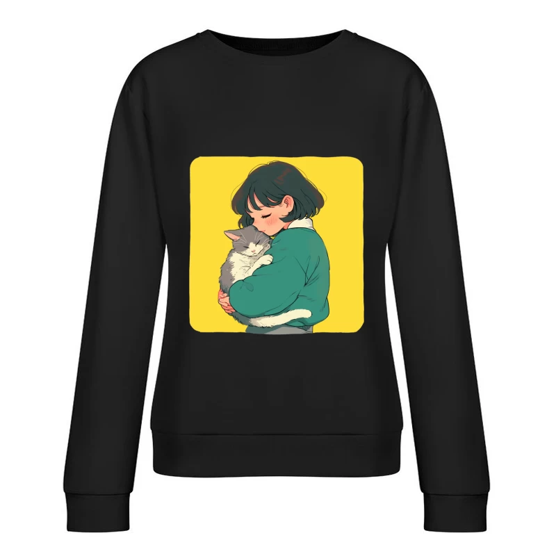 Gentle Embrace: Girl in Green Cuddling Gray Cat Female Pullover Sweatshirt