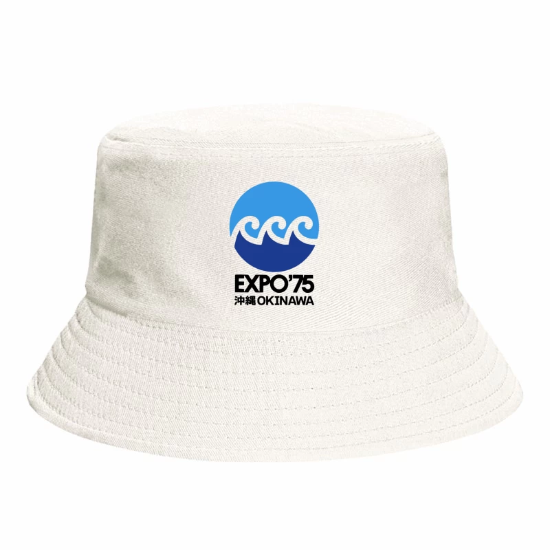 Vintage 1975 Okinawa Expo Logo with Ocean Wave Design Bucket Hat