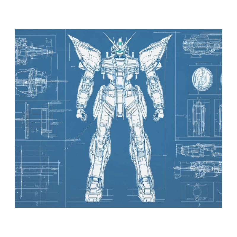 Mecha Robot Engineering Blueprint: Anime-Inspired Technical Drawing Tapestry