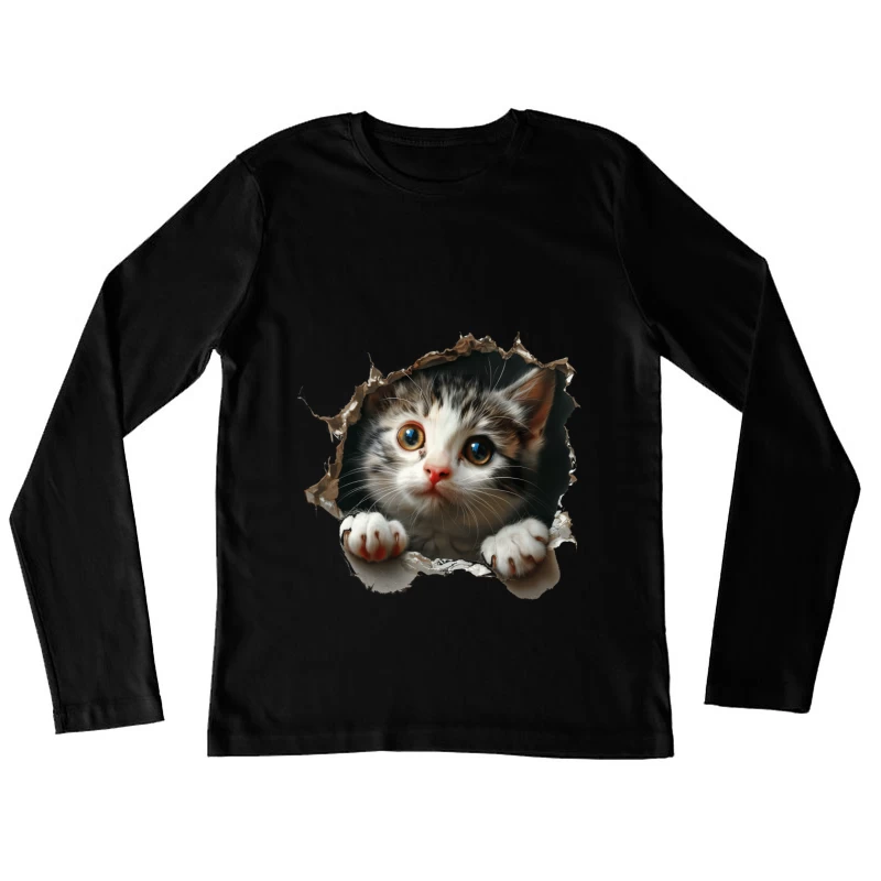 Kätzchen schaut durch Loch in Papier Damen Langarm T-Shirt