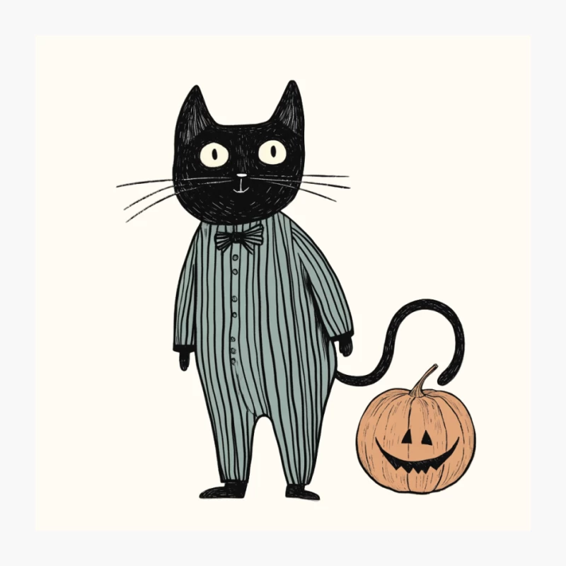 Whimsical Halloween Cat in Striped Pajamas with Jack-o'-Lantern Pin