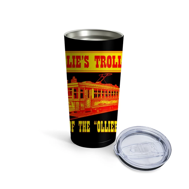 Vintage Ollie's Trolley Restaurant Logo with Classic Streetcar Design Travel Mug