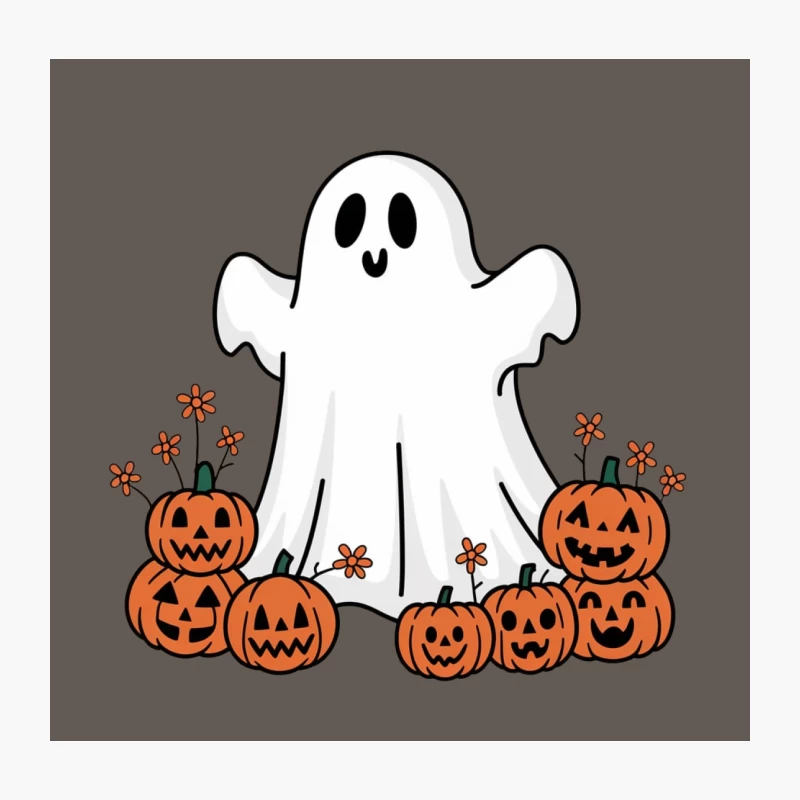 Cute Cartoon Ghost with Halloween Pumpkins and Autumn Flowers Throw Pillow