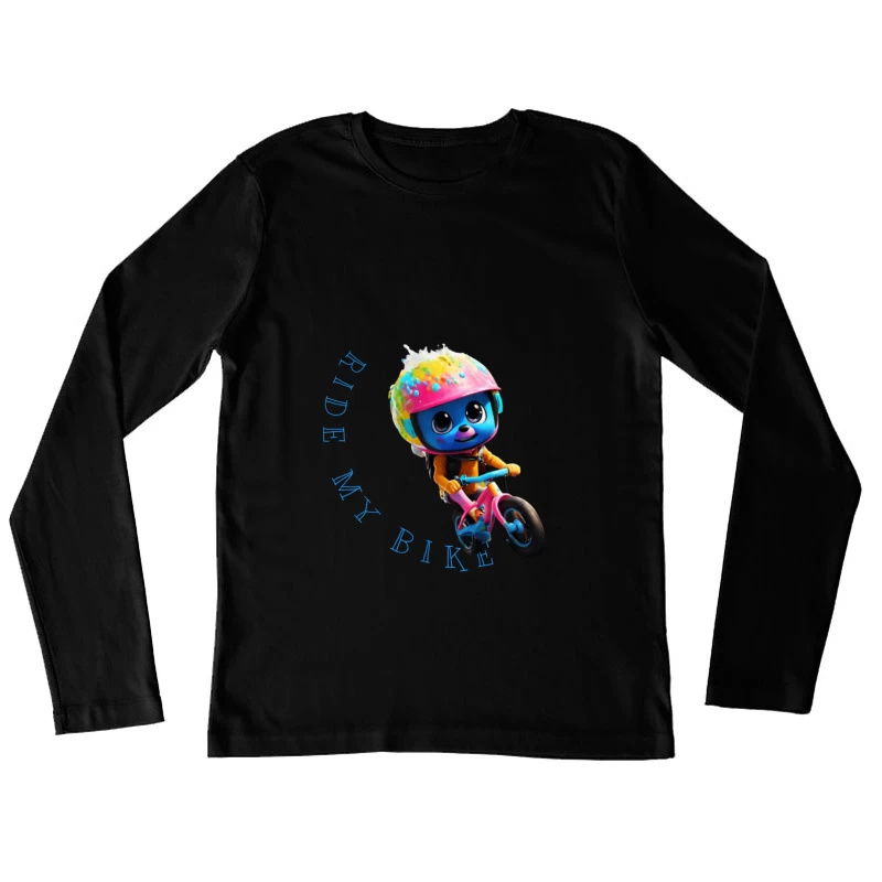 Cute Blue Animated Character Riding Colorful Bike with Safety Helmet Female Long Sleeve T-Shirt