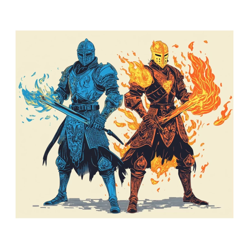 Ice and Fire: Elemental Knights in Epic Fantasy Duel Tapestry