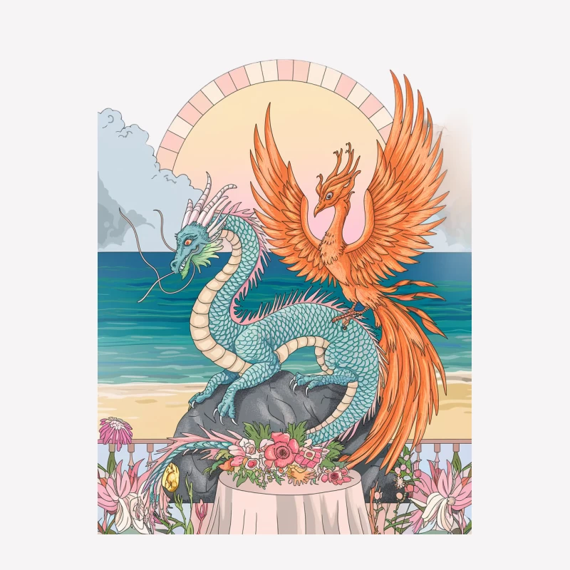 Mythical Creatures: Phoenix and Dragon in Vibrant Beach Fantasy Scene Female T-Shirt