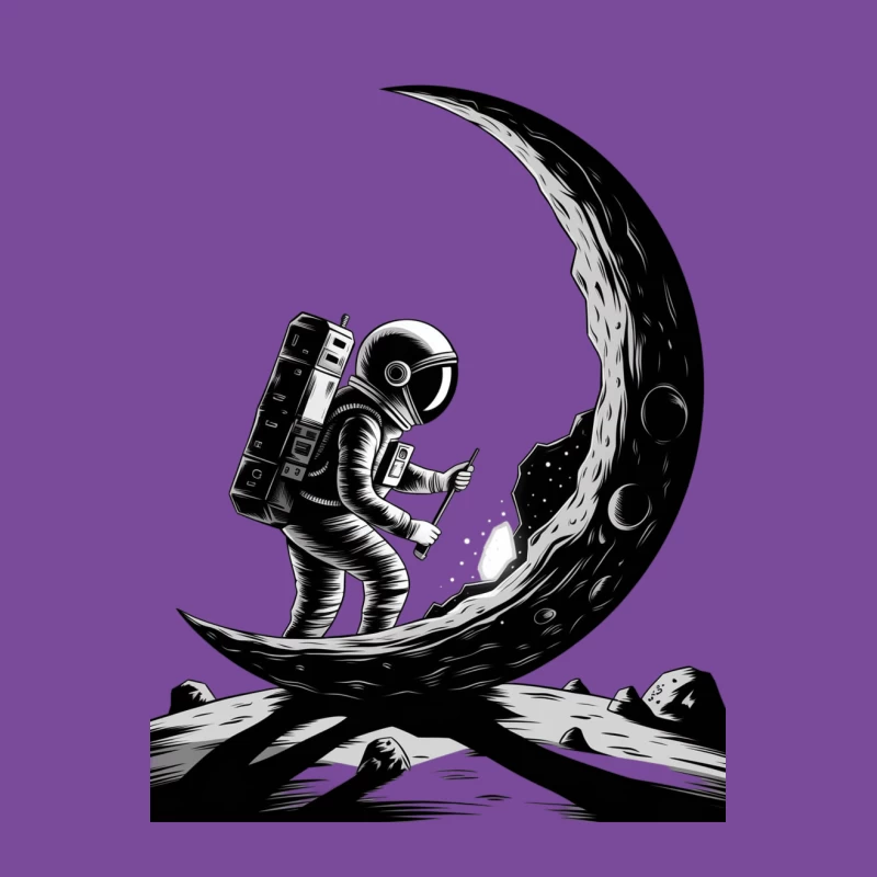 Astronaut on Crescent Moon Black and White Space Illustration Female T-Shirt
