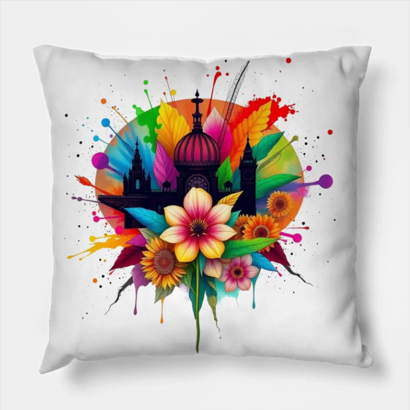 Vibrant Cathedral Silhouette with Rainbow Floral Splash Throw Pillow