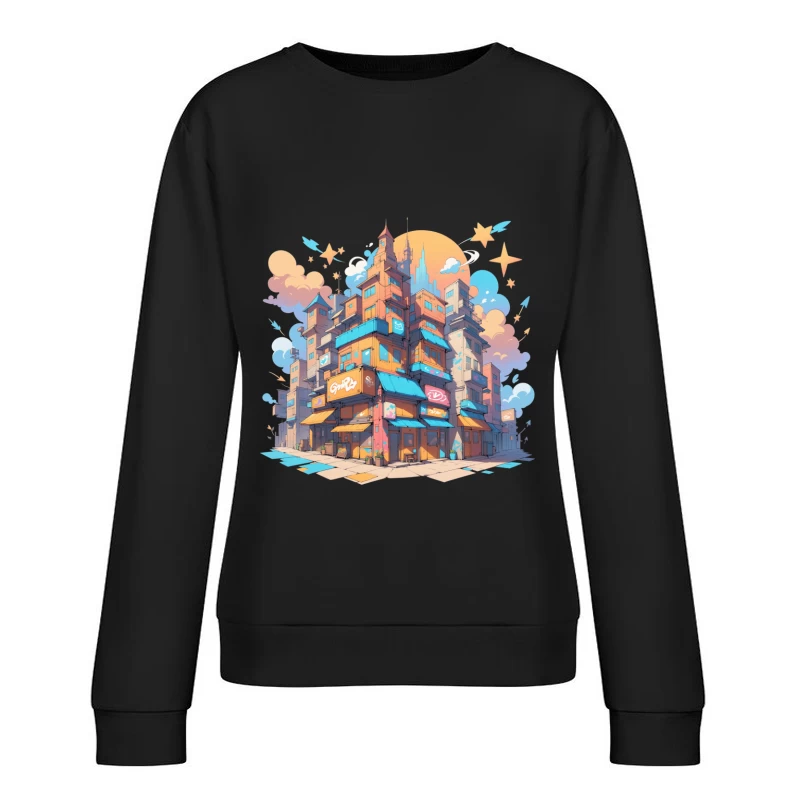 Colorful Urban Cityscape in Cartoon Style Female Pullover Sweatshirt