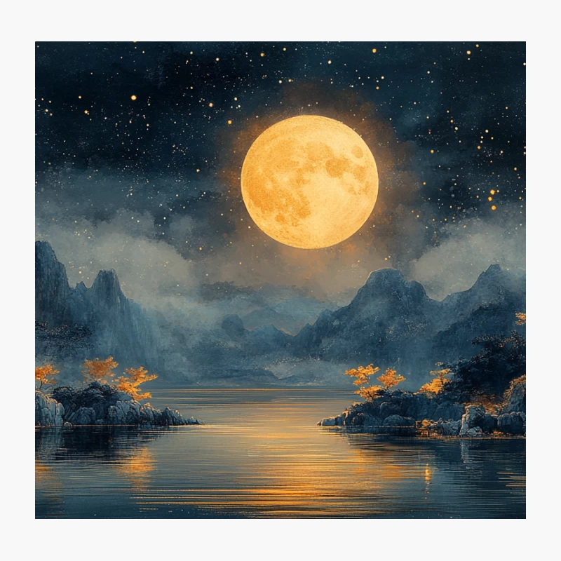 Tranquil Moonlit Lake Surrounded by Autumn Mountains Throw Pillow