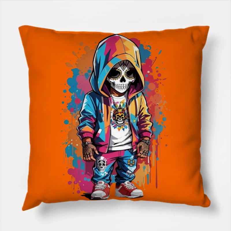 Colorful Skeleton Character in Streetwear Throw Pillow