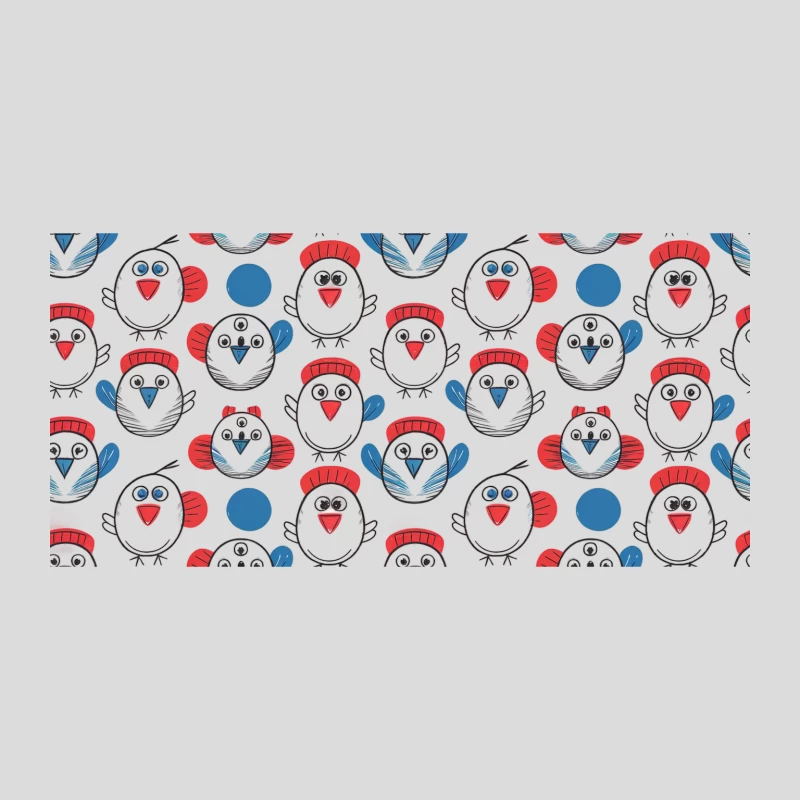 Whimsical Cartoon Bird Pattern in Red, White, and Blue Baseball Cap