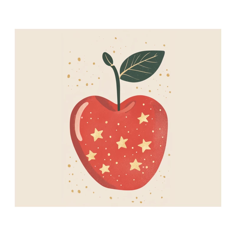 Whimsical Red Apple Illustration with Stars Tapestry