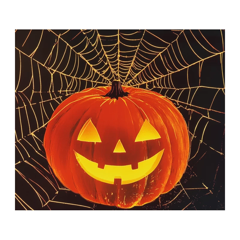 Spooky Halloween Jack-o'-Lantern with Glowing Spider Web Tapestry