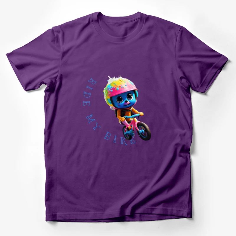 Cute Blue Animated Character Riding Colorful Bike with Safety Helmet Male T-Shirt