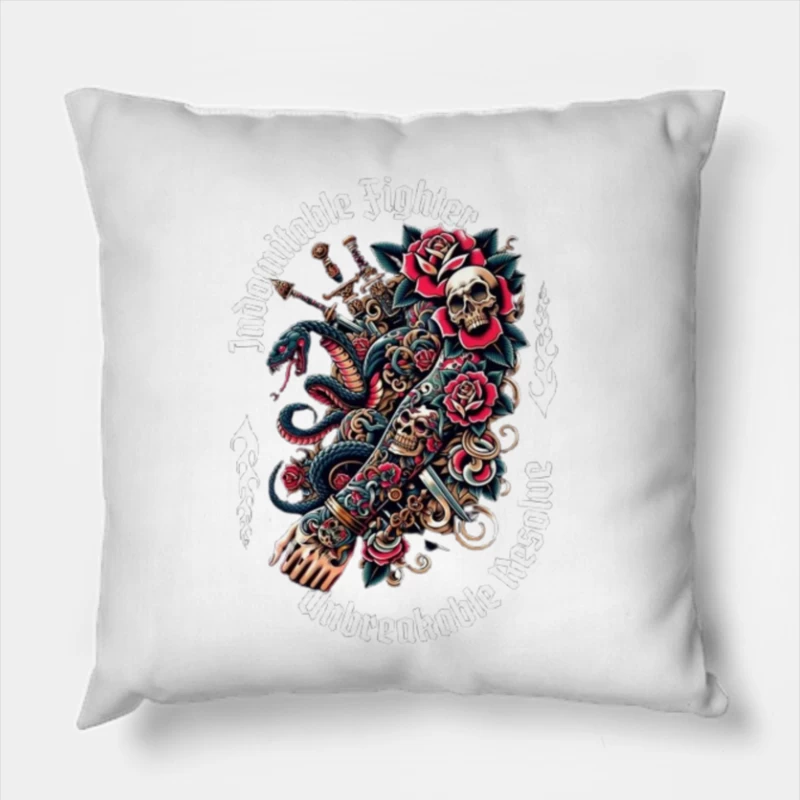 Gothic Skull and Rose Octopus Tattoo Design Throw Pillow